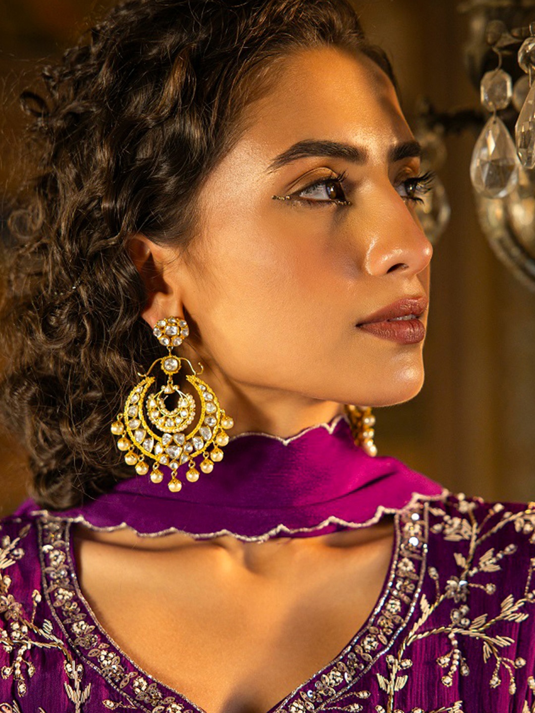 

Kicky And Perky Gold-Plated Stone-Studded & Beaded 925 Sterling Silver Chandbalis Earrings