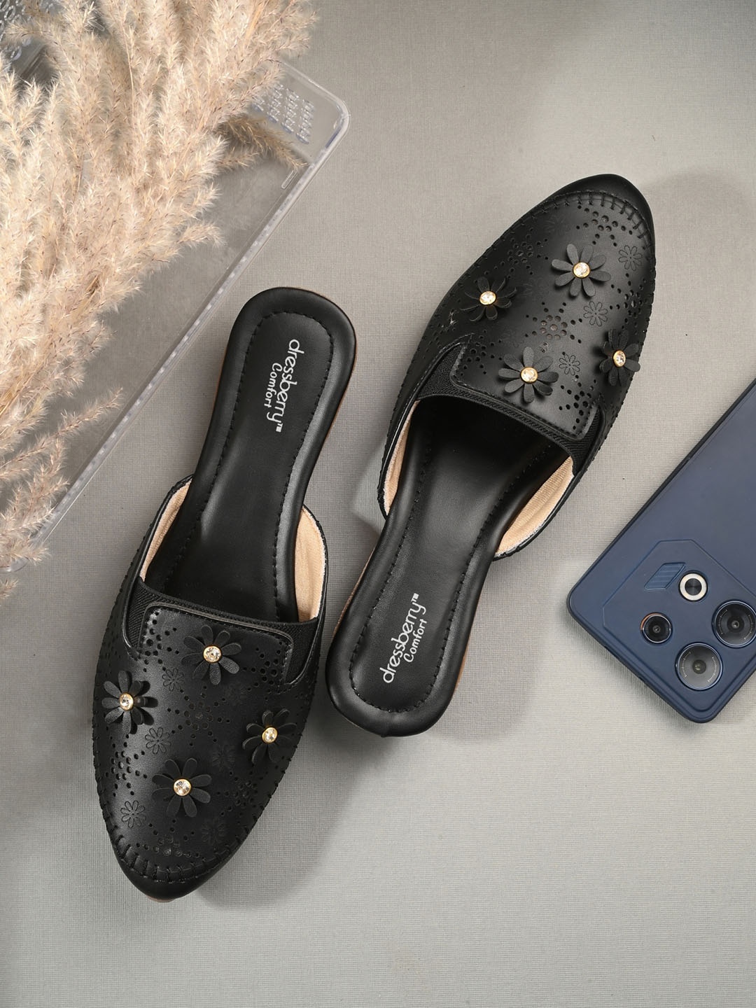 

DressBerry Black Perforated Embellished Mules