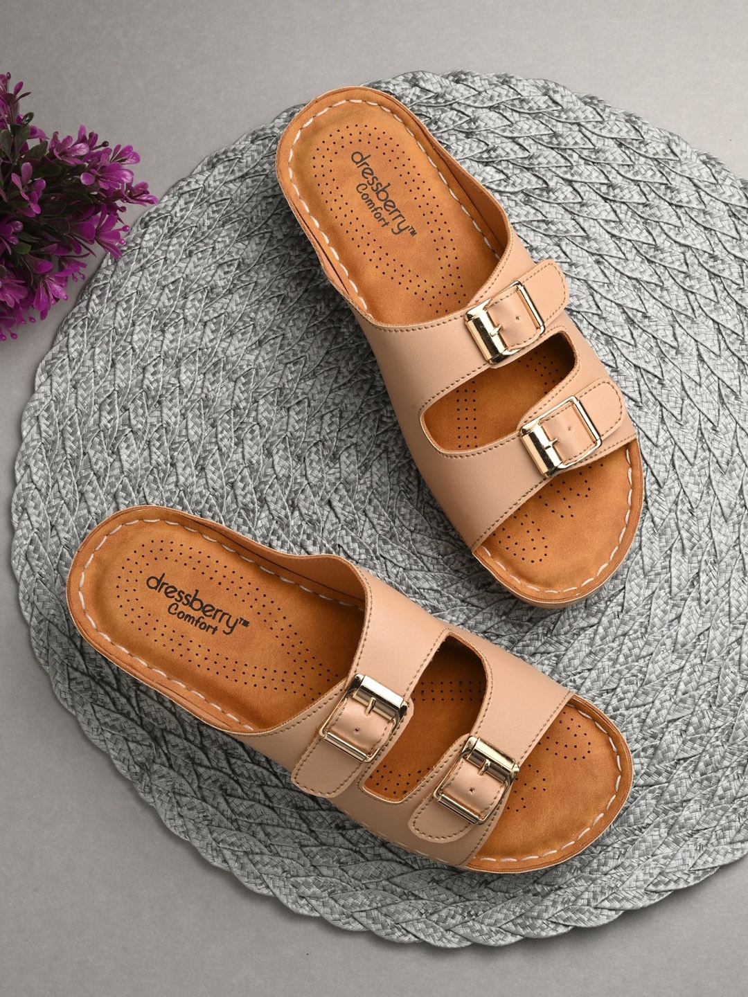 

DressBerry Beige Buckle Detail Open Toe Flats