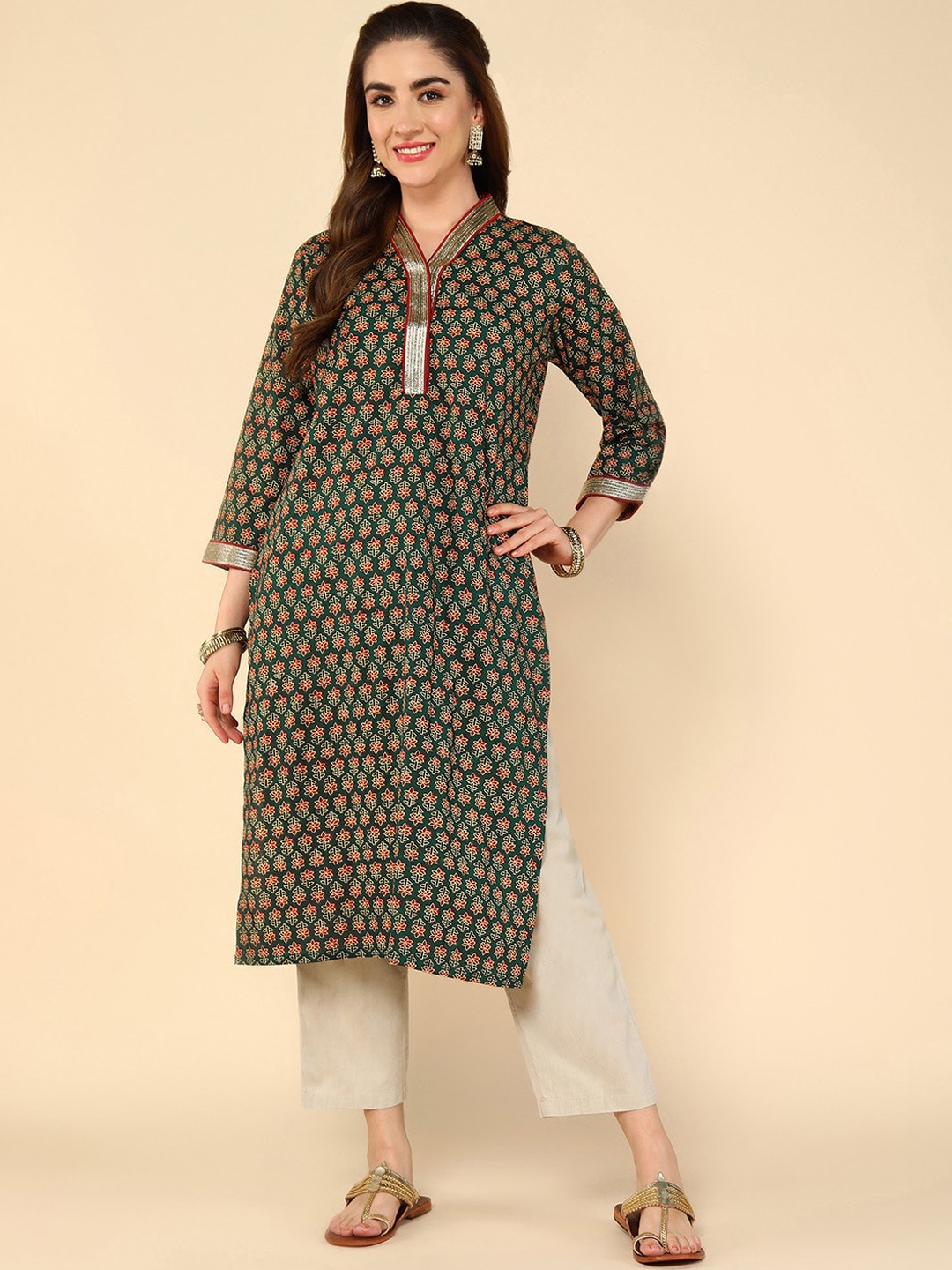 

aturabi Ethnic Motifs Printed Thread Work Block Print Kurta, Green