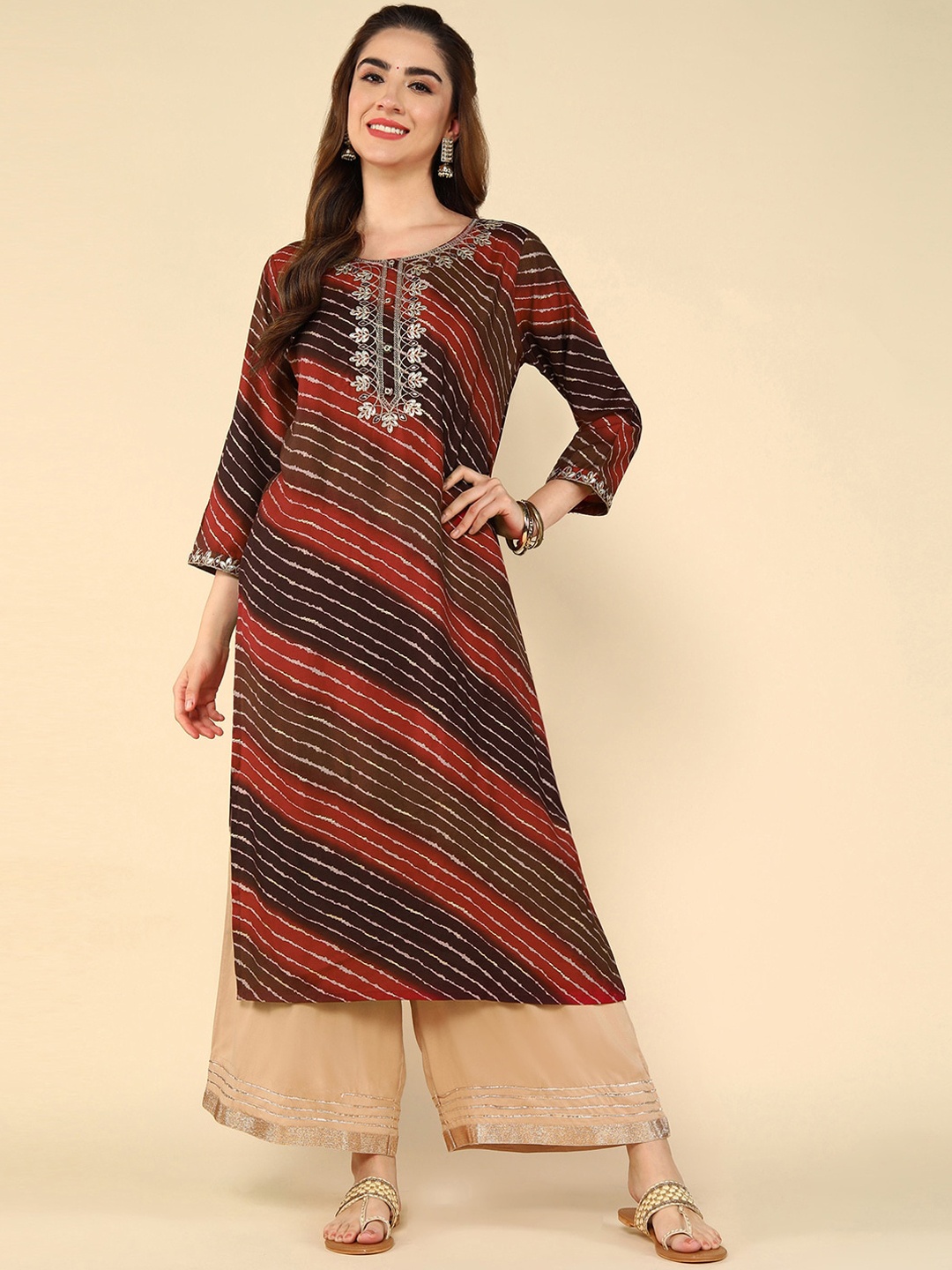 

aturabi Striped Lehriya Printed Straight Kurta, Maroon