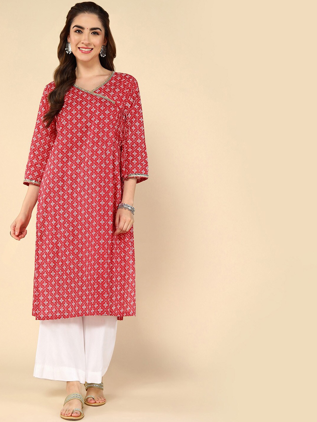 

aturabi Floral Printed Angarkha Straight Kurta, Red