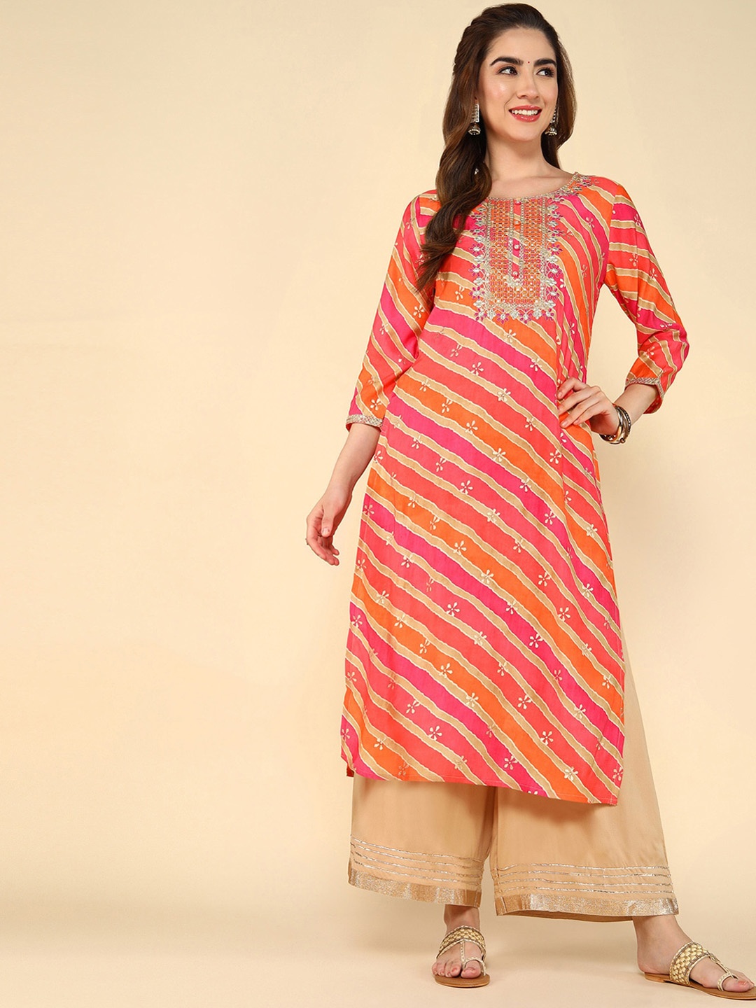 

aturabi Leheriya Striped Block Print Kurta, Pink