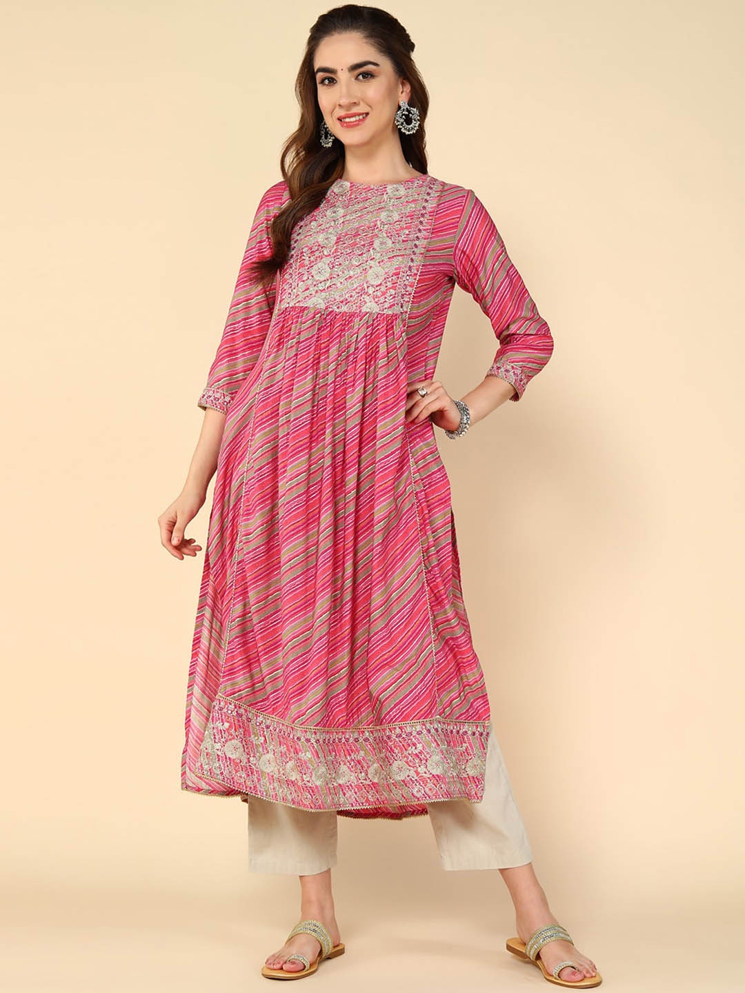 

aturabi Ethnic Motifs Printed Thread Work Block Print Anarkali Kurta, Pink