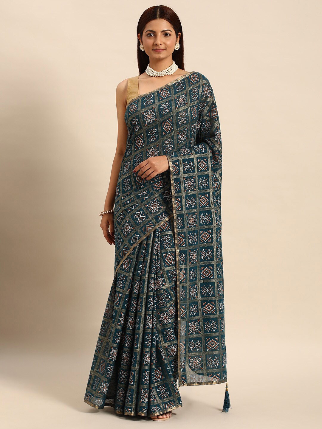 

KALINI Bandhani Printed Zari Bandhani Saree, Blue