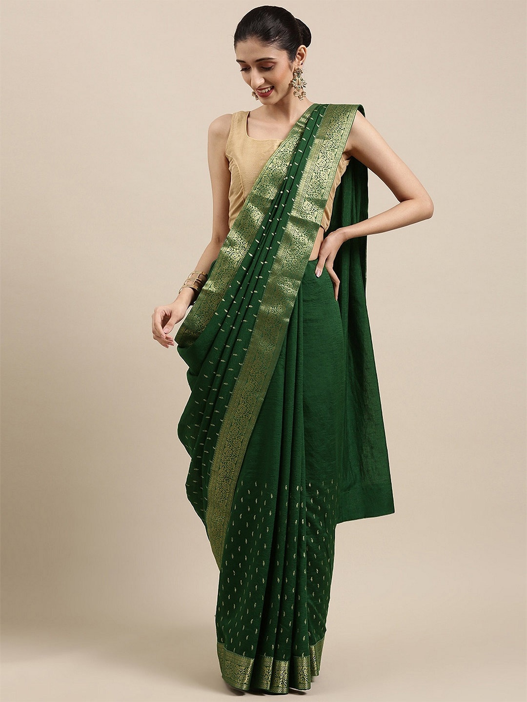 

KALINI Ethnic Motifs Printed Zari Pure Silk Saree, Green