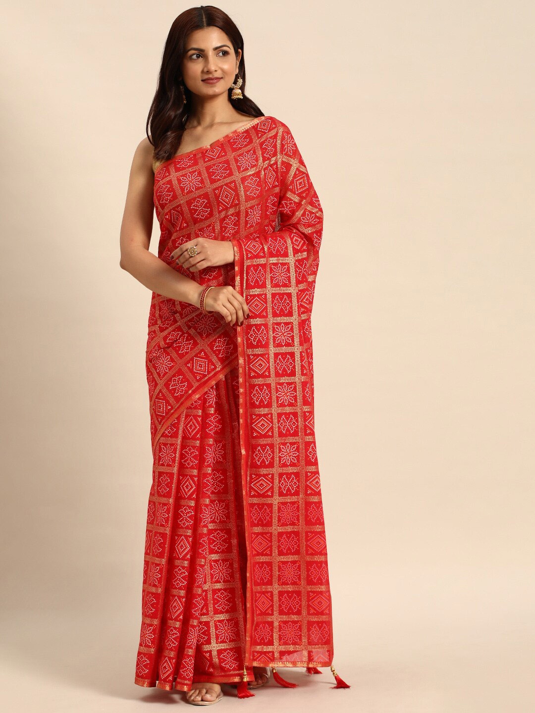 

KALINI Bandhani Printed Zari Saree, Red