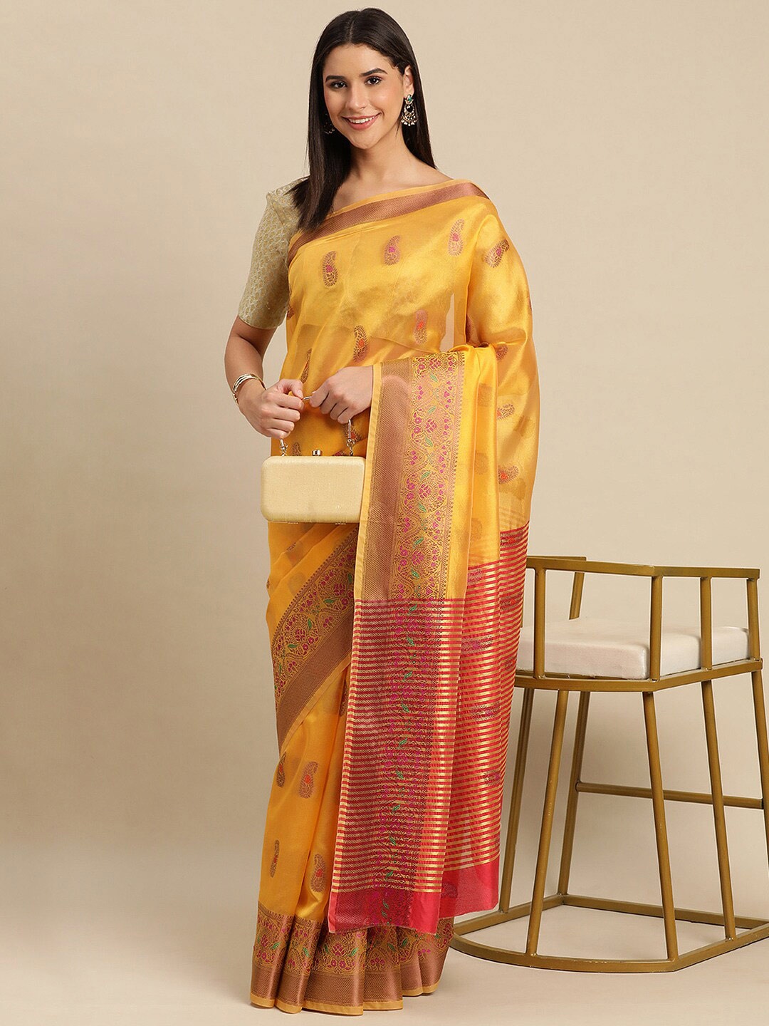 

KALINI Ethnic Motifs Woven Design Zari Organza Silk Saree, Yellow