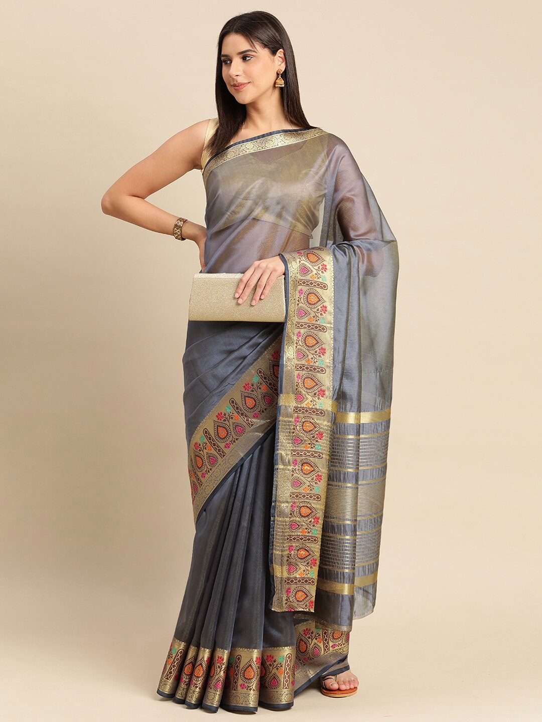 

KALINI Zari Pure Silk Saree, Grey