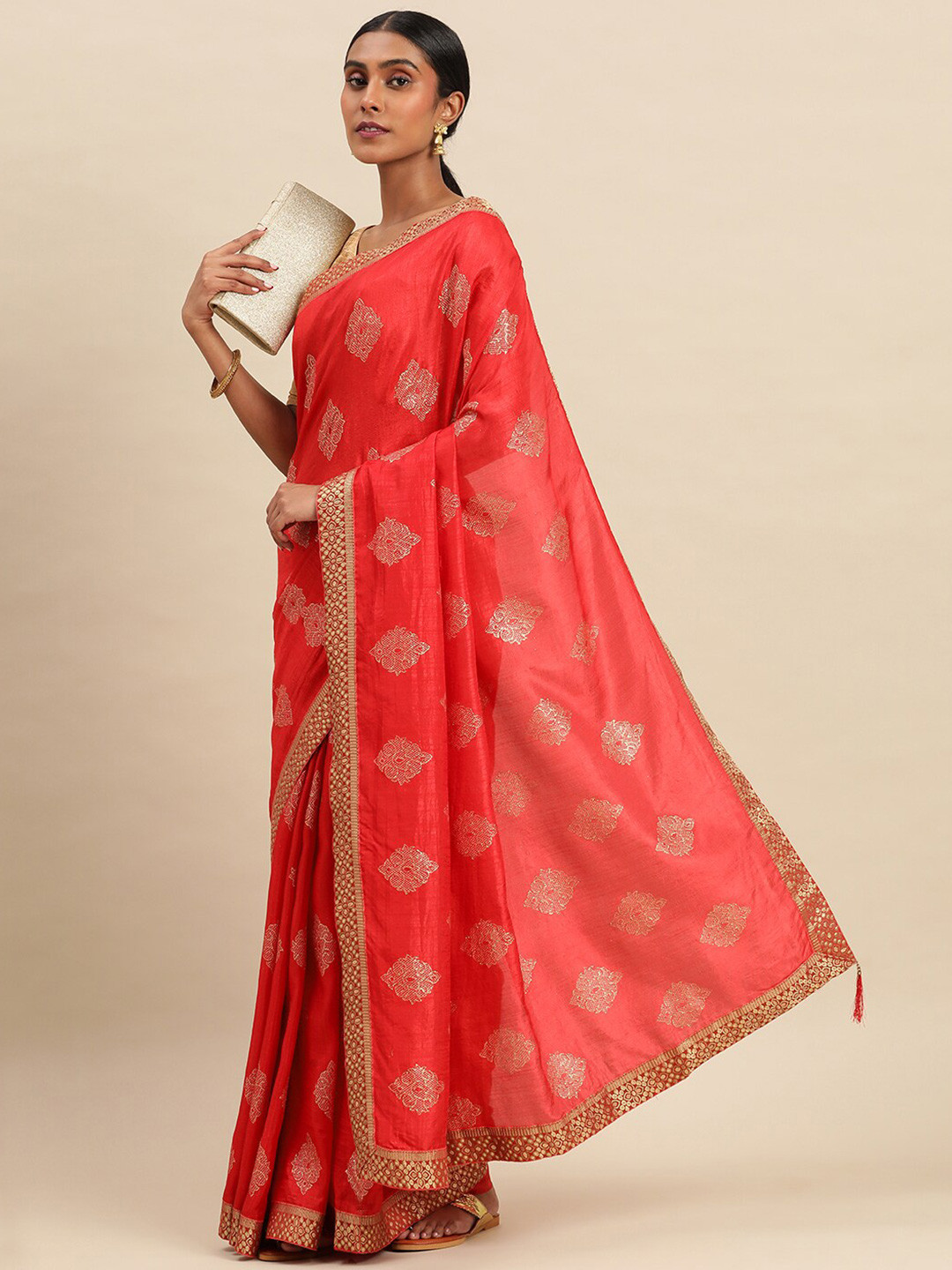 

KALINI Ethnic Motifs Printed Zari Pure Silk Saree, Red