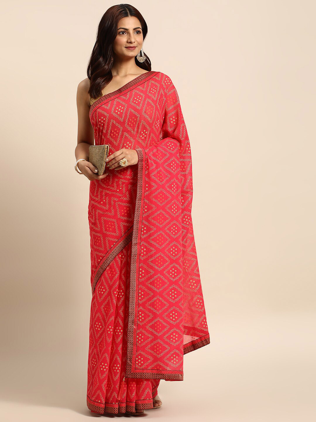 

KALINI Bandhani Printed Zari Saree, Pink