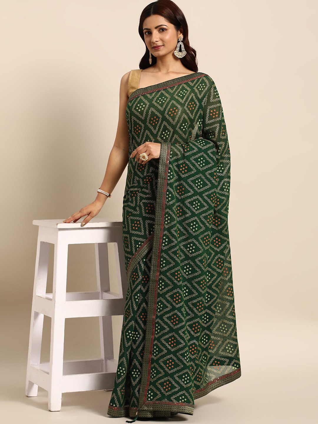 

KALINI Bandhani Printed Zari Detailed Saree, Green