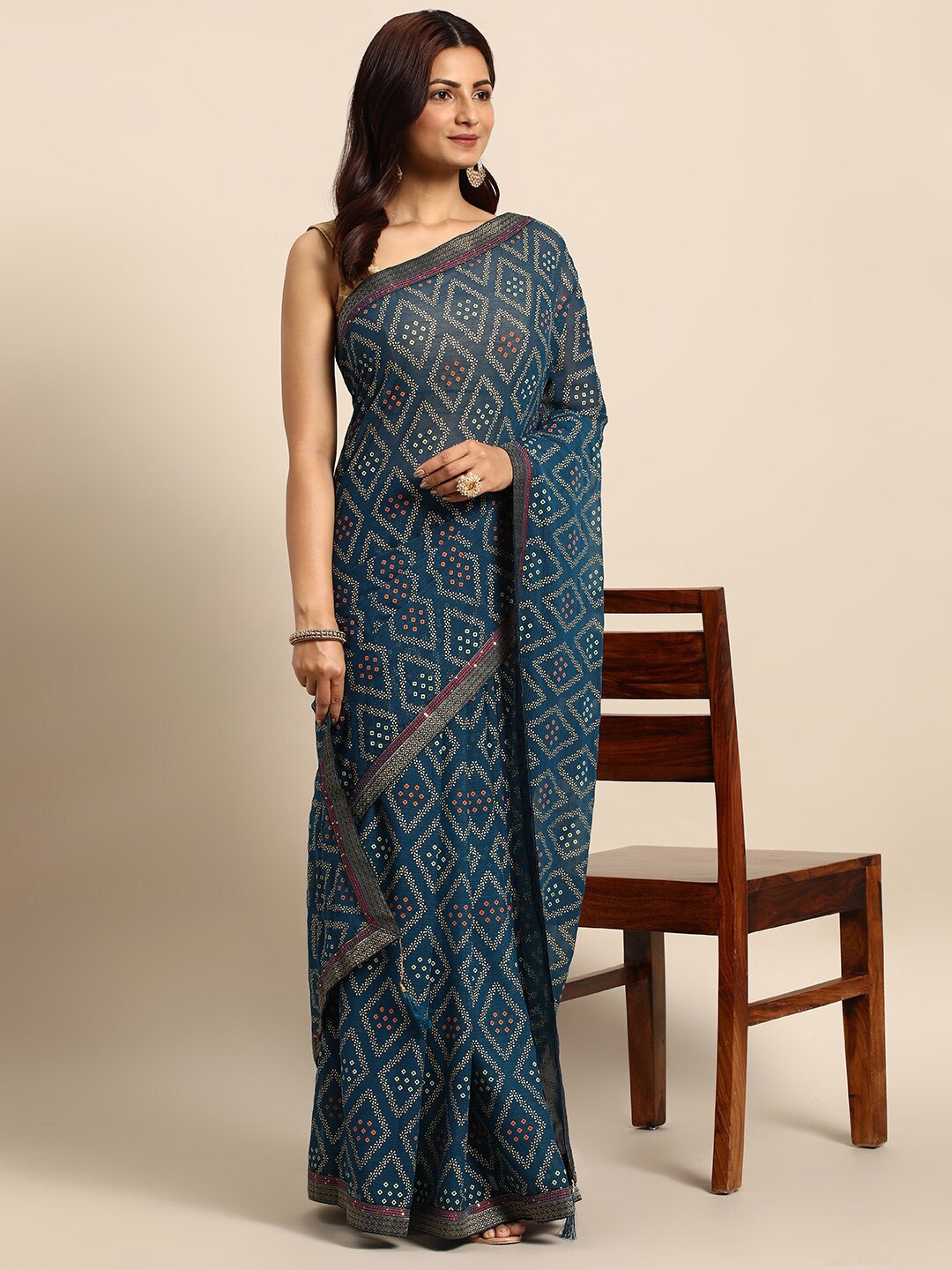 

KALINI Bandhani Printed Zari Detailed Saree, Blue