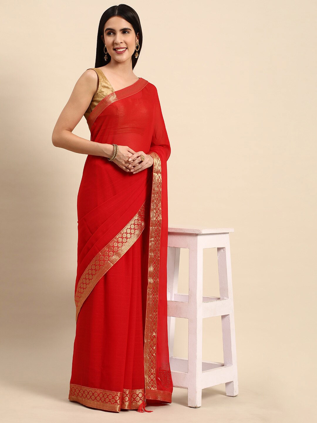 

KALINI Printed Border Saree, Red
