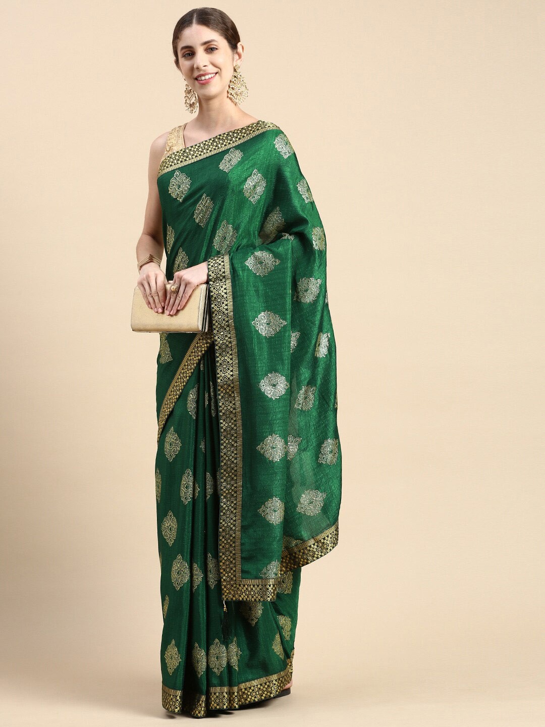 

KALINI Ethnic Motifs Printed Zari Pure Silk Saree, Green