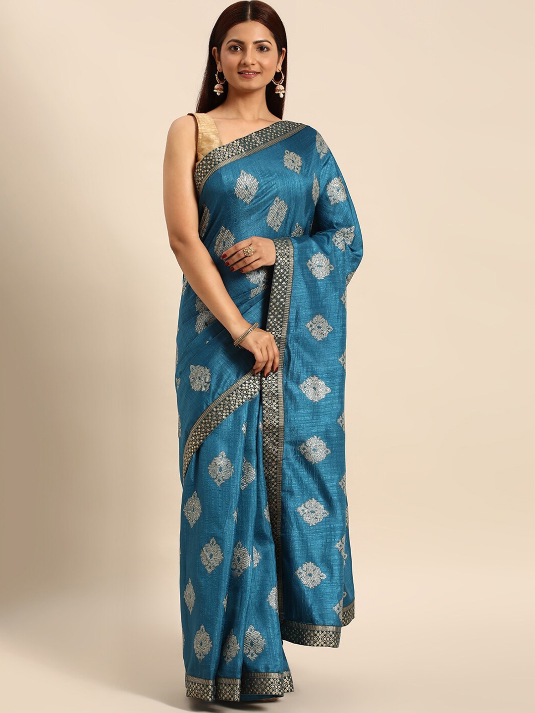 

KALINI Ethnic Motifs Printed Zari Pure Silk Saree, Blue