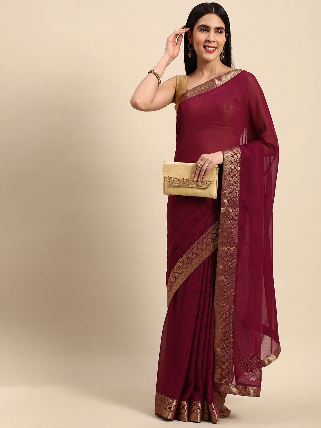 

KALINI Printed Border Saree, Purple