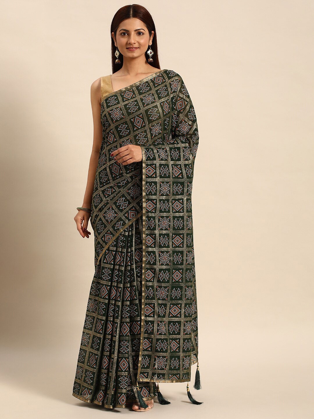 

KALINI Bandhani Printed Zari Saree, Green