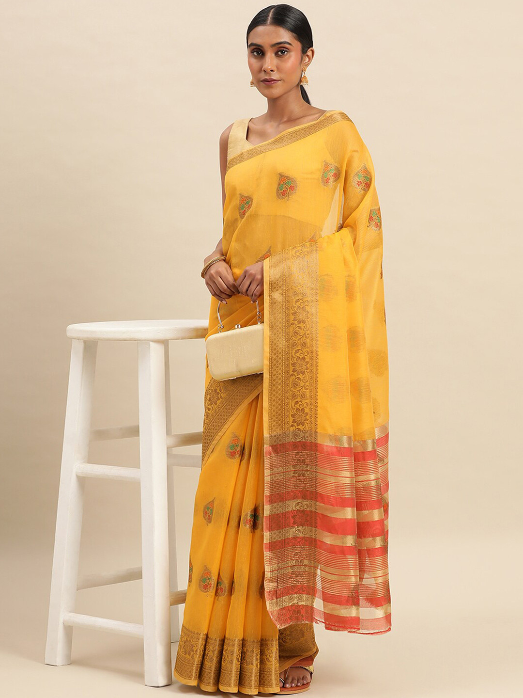 

KALINI Ethnic Woven Design Zari Silk Cotton Saree, Yellow