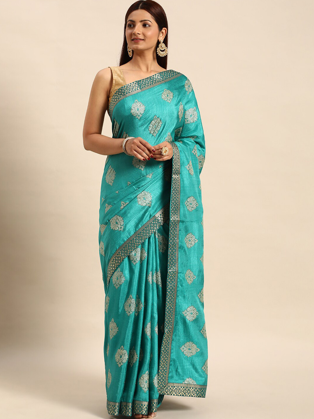 

KALINI Ethnic Motifs Woven Design Zari Pure Silk Saree, Turquoise blue