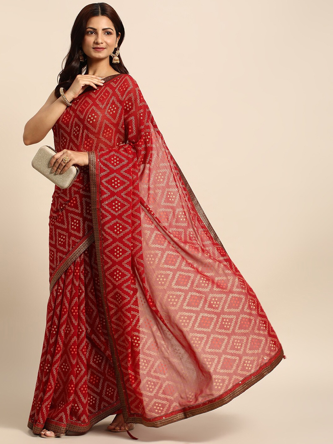 

KALINI Bandhani Printed Sequinned Bandhani Saree, Maroon