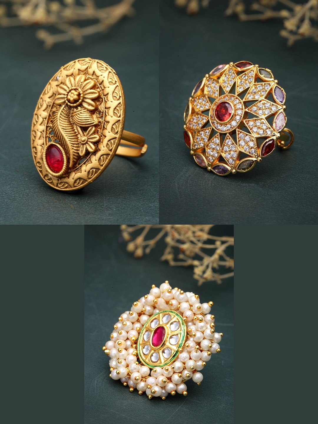 

Sanjog Set Of 3 Gold-Plated Stone-Studded & Pearl-Beaded Adjustable Finger Rings