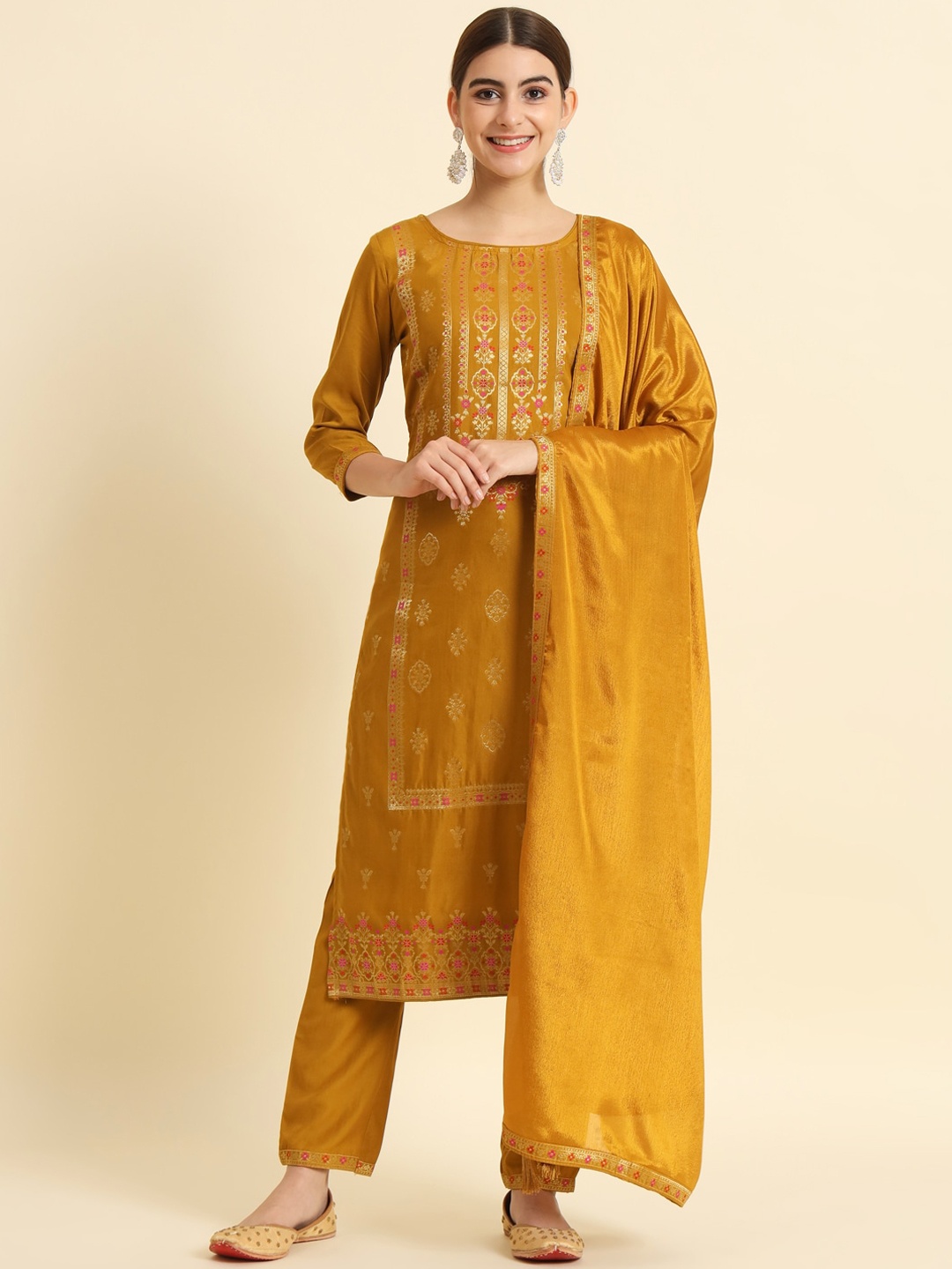 

THE52 Ethnic Motifs Printed Jacquard Kurta With Trousers & Dupatta, Mustard