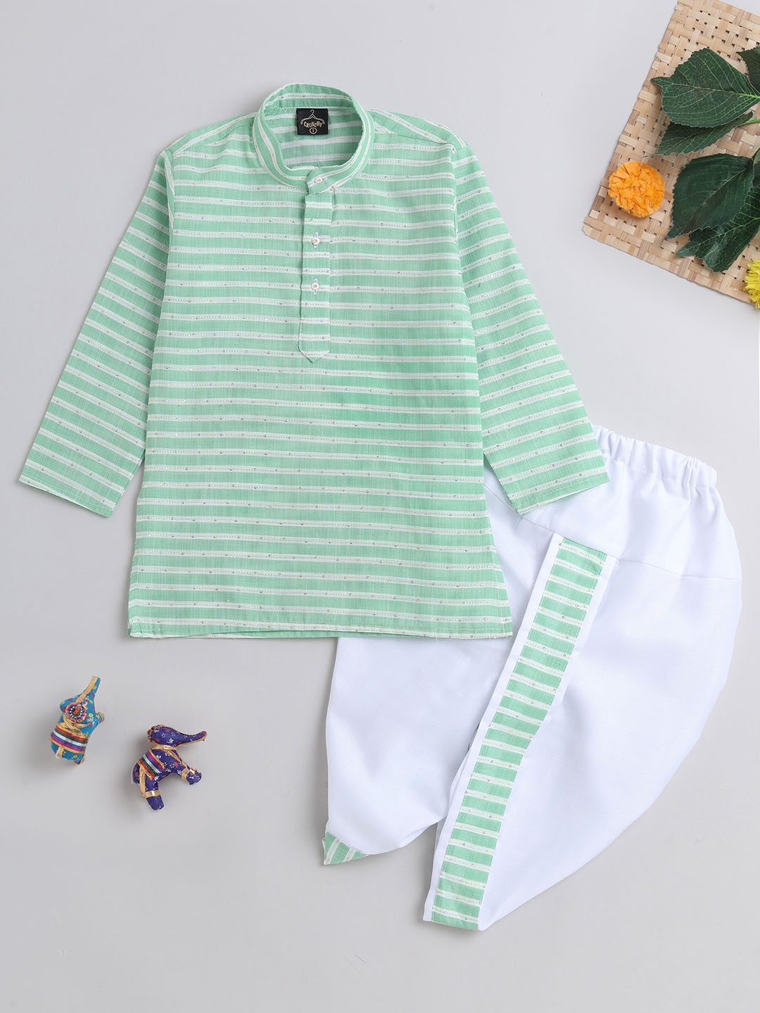 

The Magic Wand Boys Striped Regular Kurta with Dhoti Pants, Green