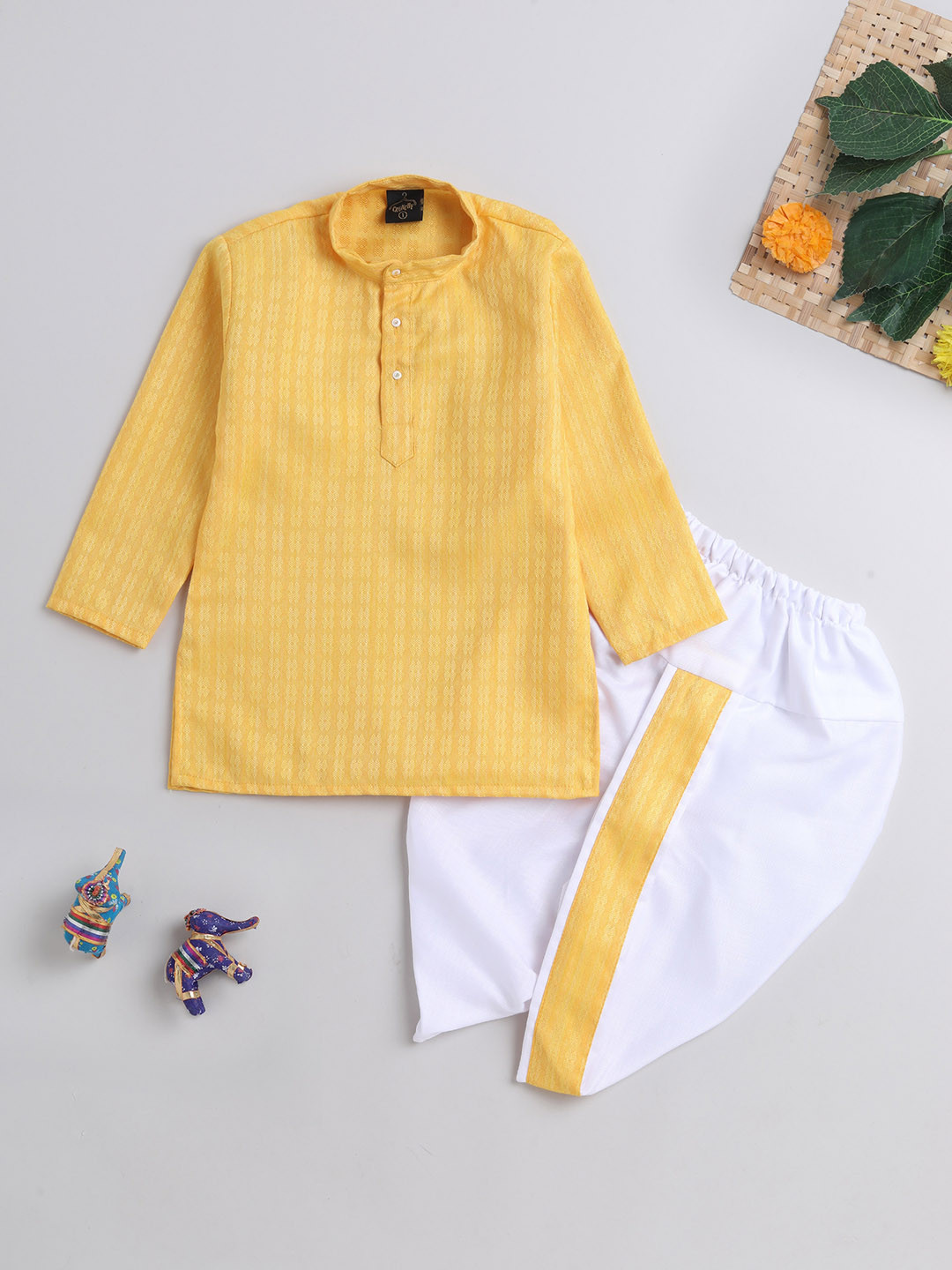 

The Magic Wand Boys Ethnic Motifs Printed Regular Kurta with Dhoti Pants, Yellow