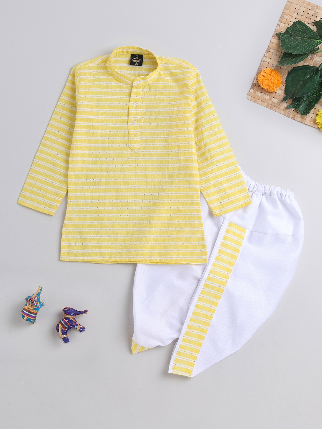 

The Magic Wand Boys Striped Regular Sequinned Kurta with Dhoti Pants, Yellow