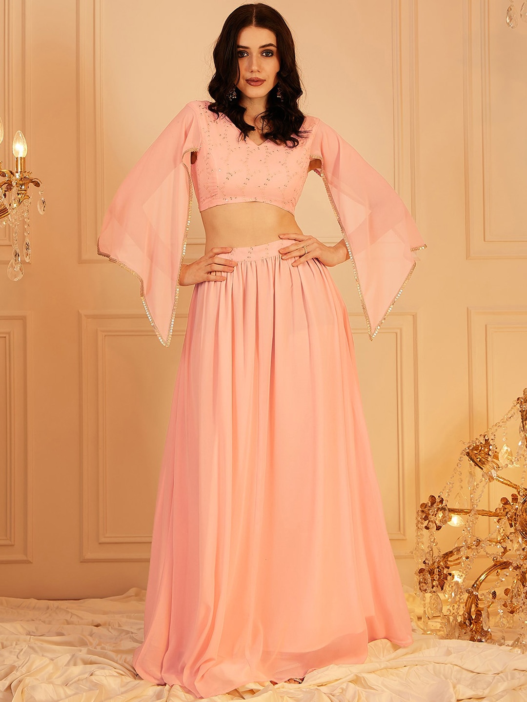 

indo street Embellished Flared Sleeve Top & Skirt Co-Ords Set, Peach