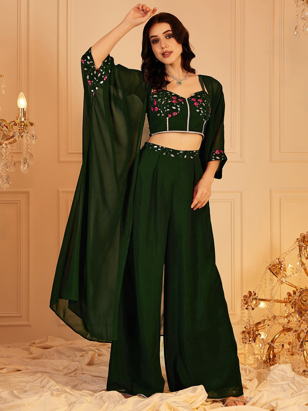 

indo street Embellished Indo Fusion Top & Palazzos With Shrug, Green