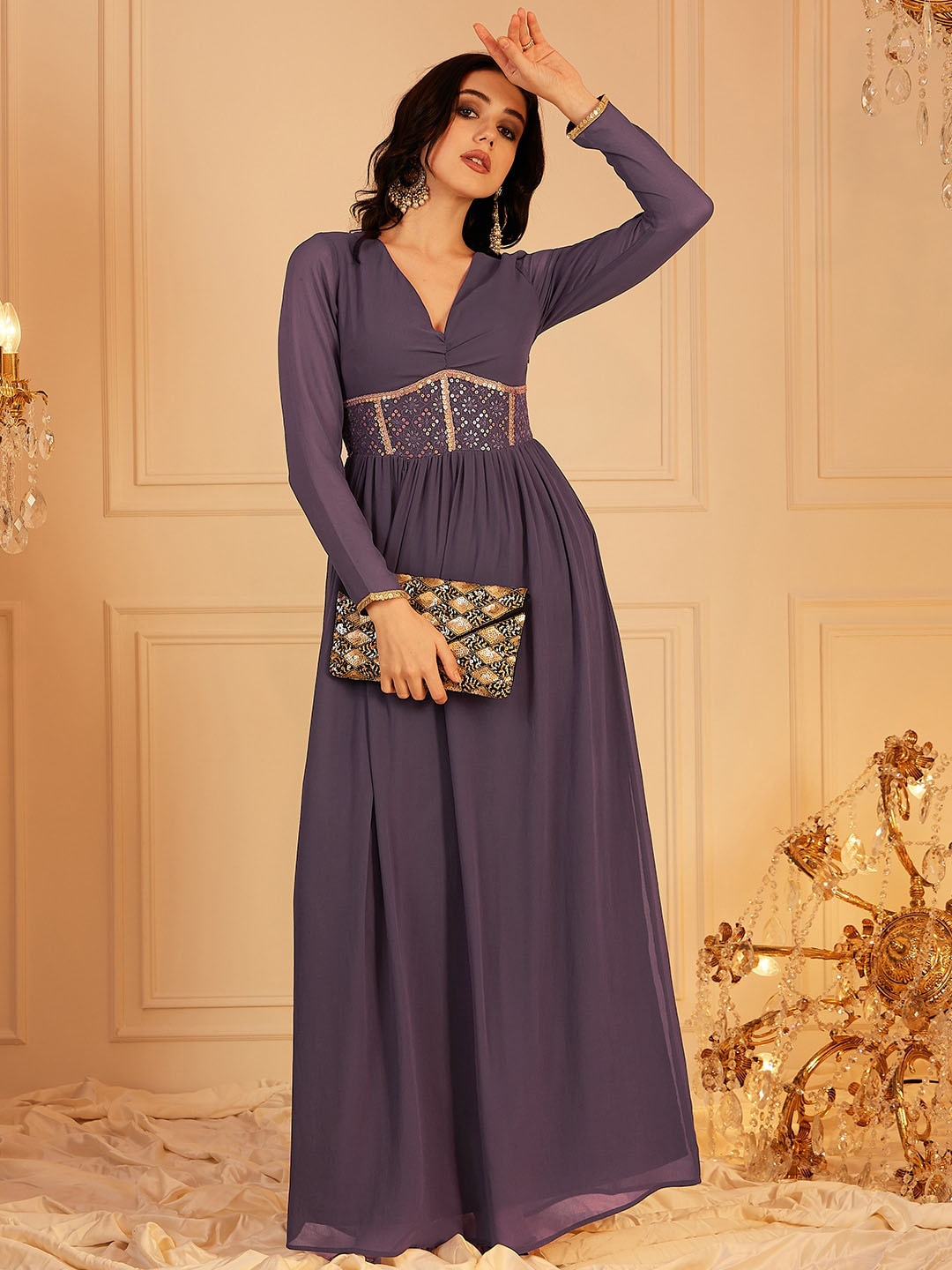 

indo street Embellished Fit & Flared Maxi Ethnic Dress, Lavender