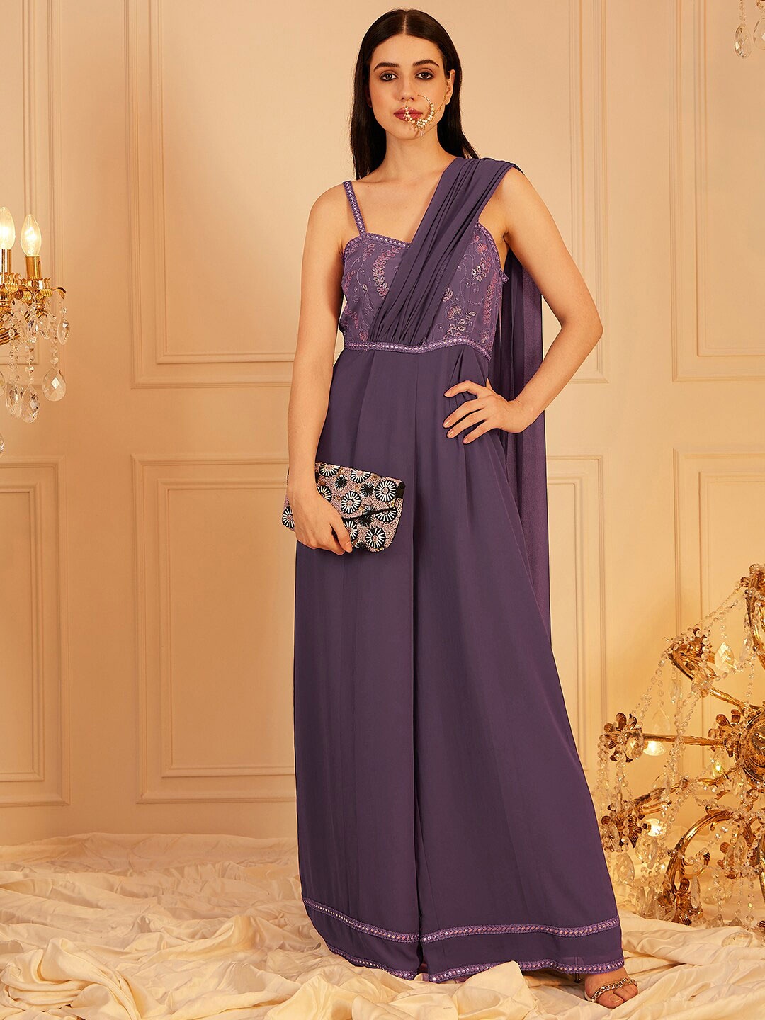 

indo street Self Design Embellished Shoulder Straps Ethnic Basic Jumpsuit, Lavender