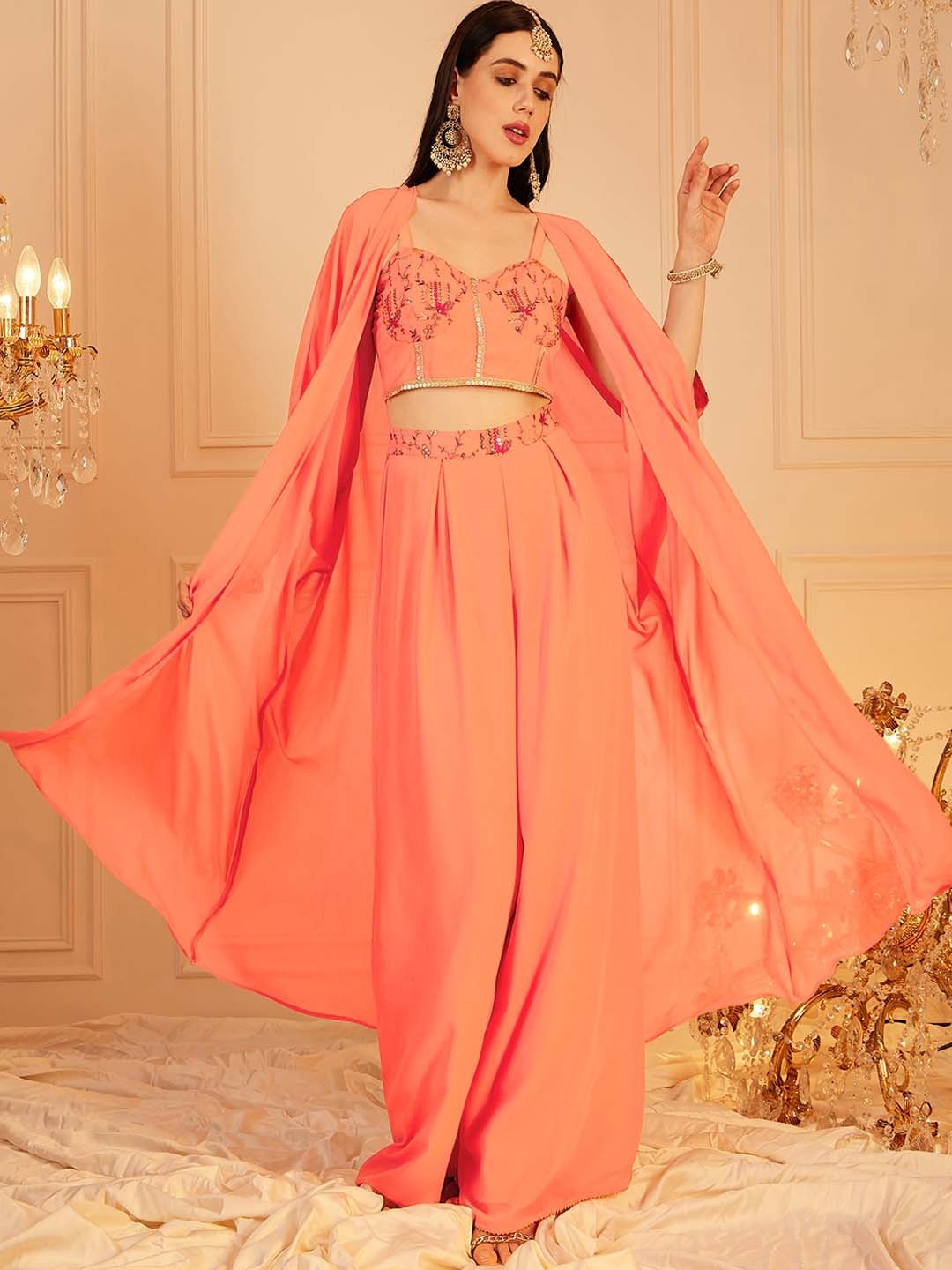 

indo street Embellished Indo Fusion Top & Palazzos With Shrug, Orange