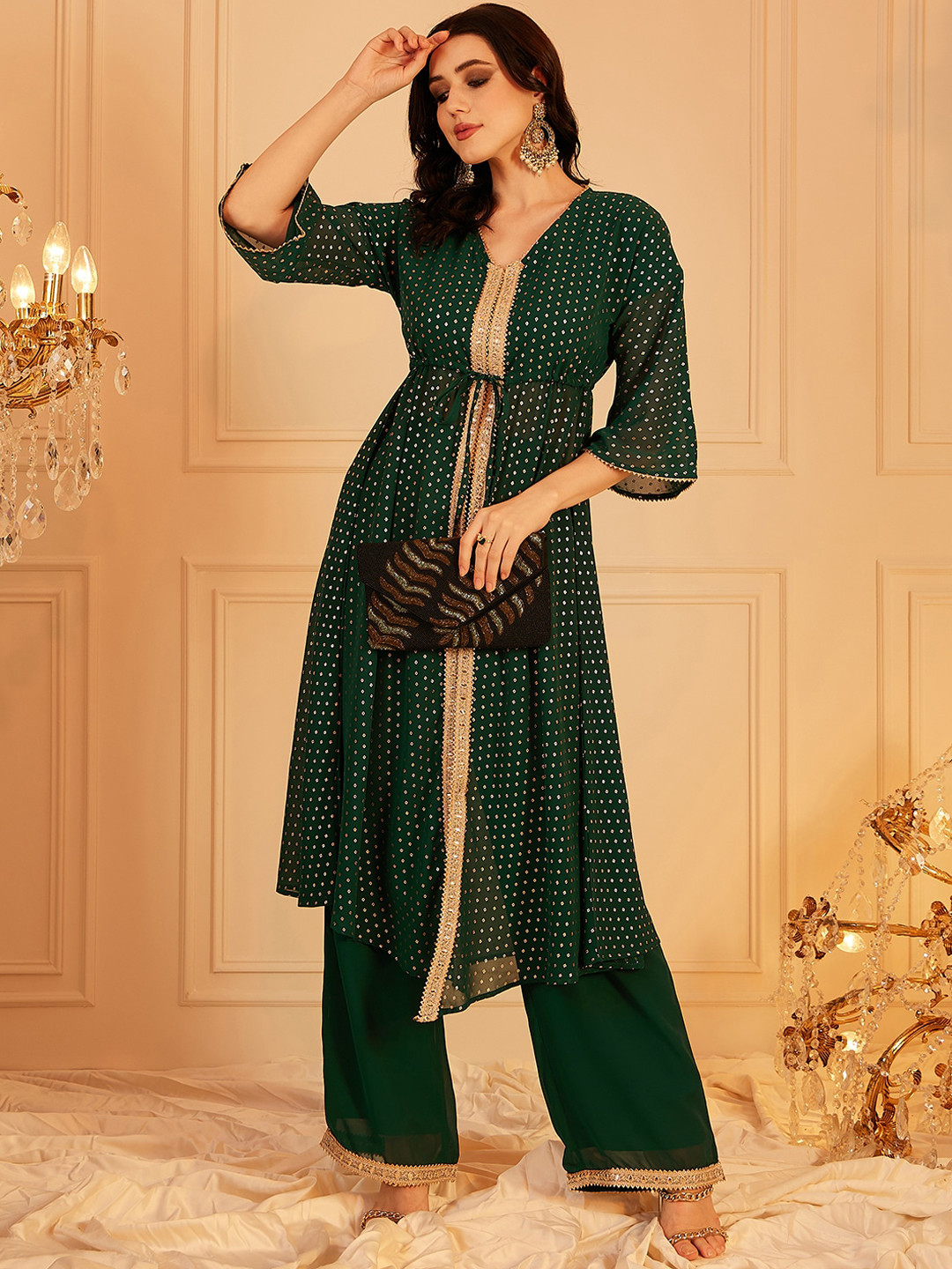 

indo street Geometric Printed Embellished Top & Palazzos Co-Ords, Green