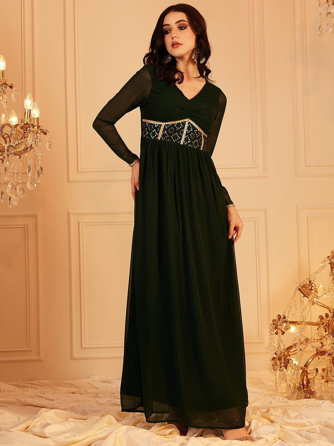 

indo street Embellished Fit & Flared Maxi Ethnic Dress, Green