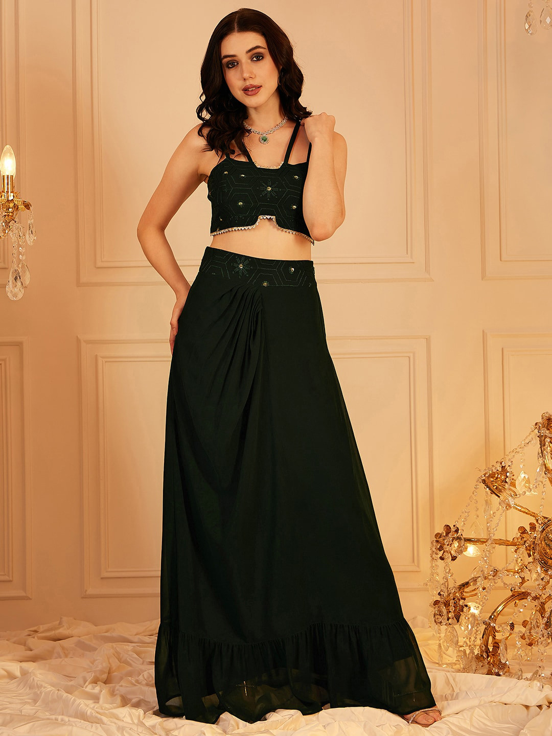 

indo street Embellished Shoulder Strap Neck Top & Skirt with Shrug, Green