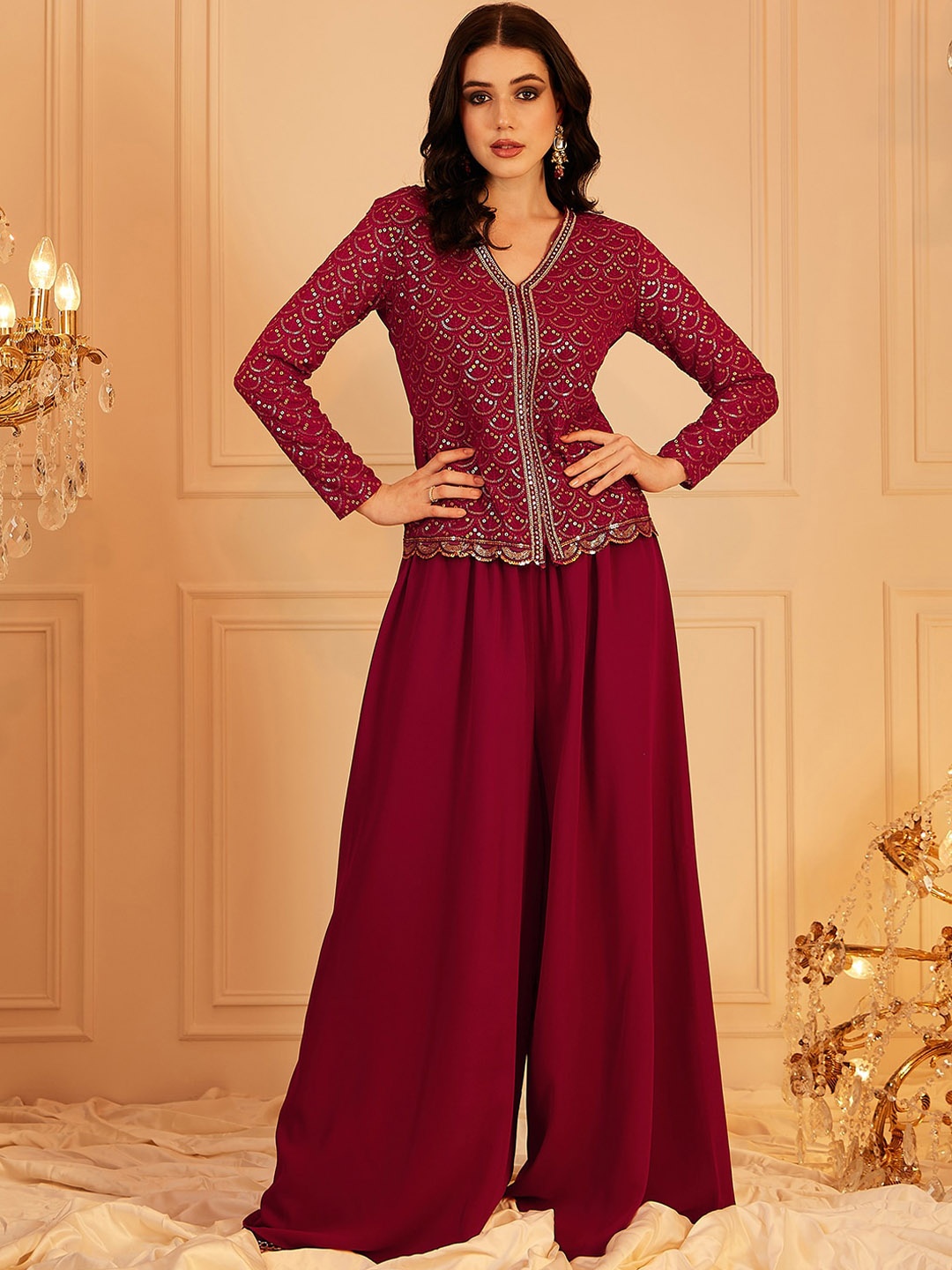 

indo street Embellished V-Neck Top With Palazzos, Burgundy
