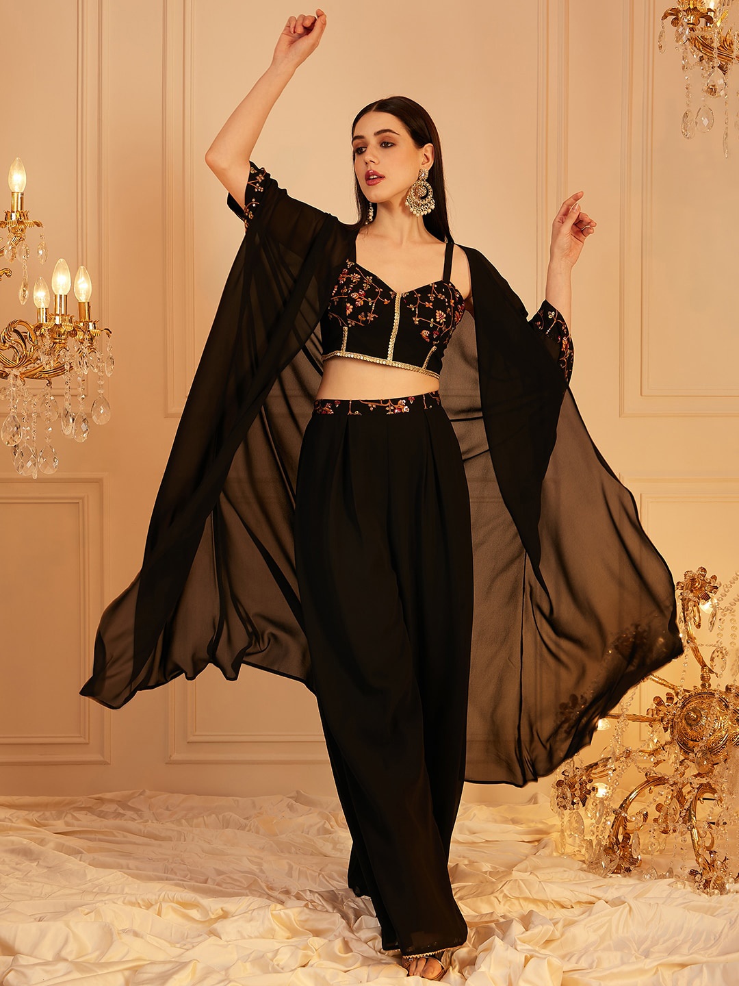 

indo street Embellished Indo Fusion Top & Palazzos With Shrug, Black