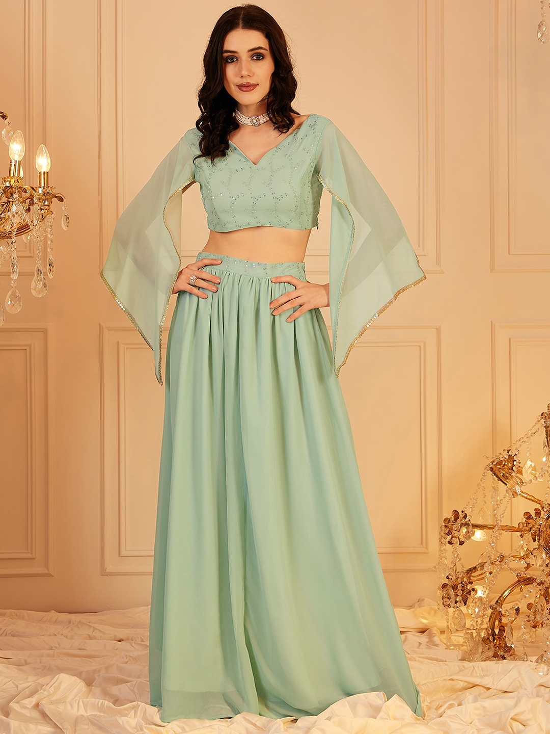 

indo street Embellished Indo Fusion Top & Skirt Co-Ords Set, Green