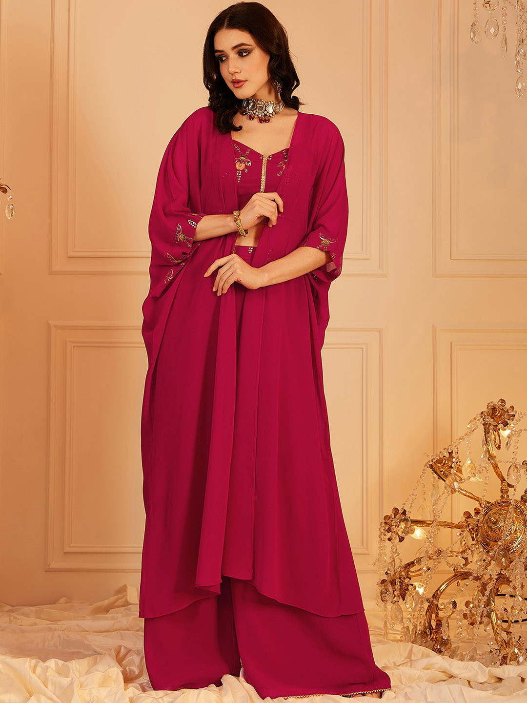 

indo street Embellished Shoulder Straps Neck Top & Palazzos with Shrug, Red