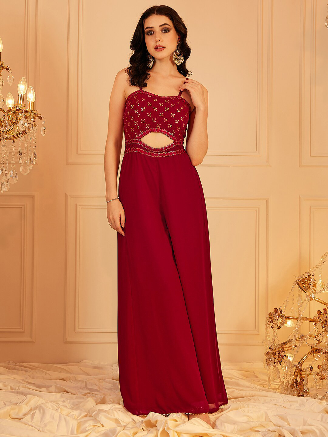 

indo street Self Design Shoulder Straps Ethnic Basic Jumpsuit, Maroon