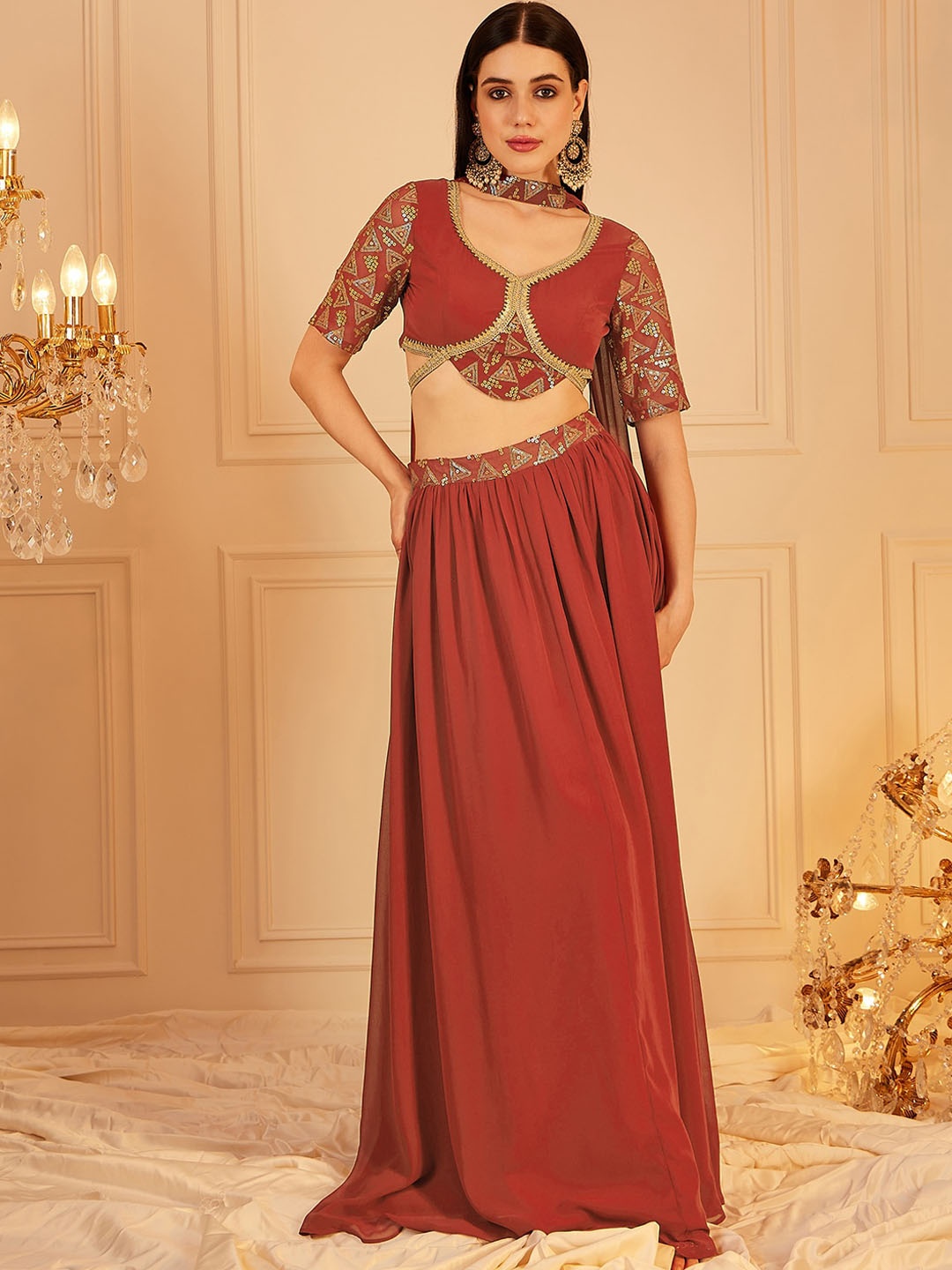 

indo street Embellished Sequinned Ready to Wear Lehenga & Blouse With Dupatta, Rust