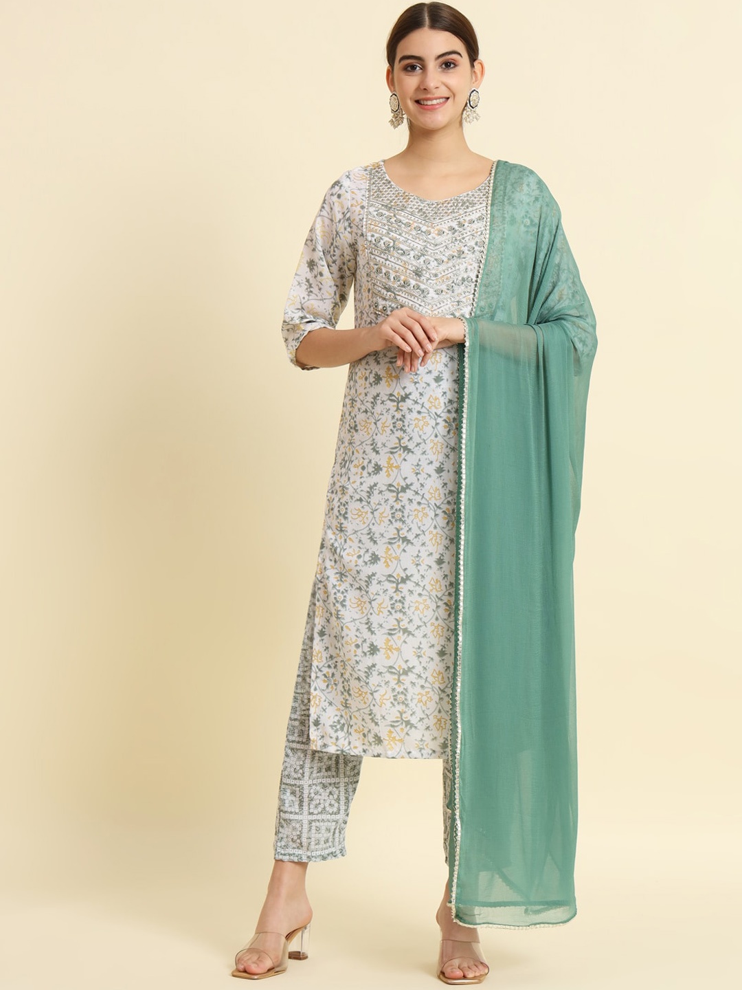 

THE52 Floral Printed Thread Work Kurta With Trousers & Dupatta, White