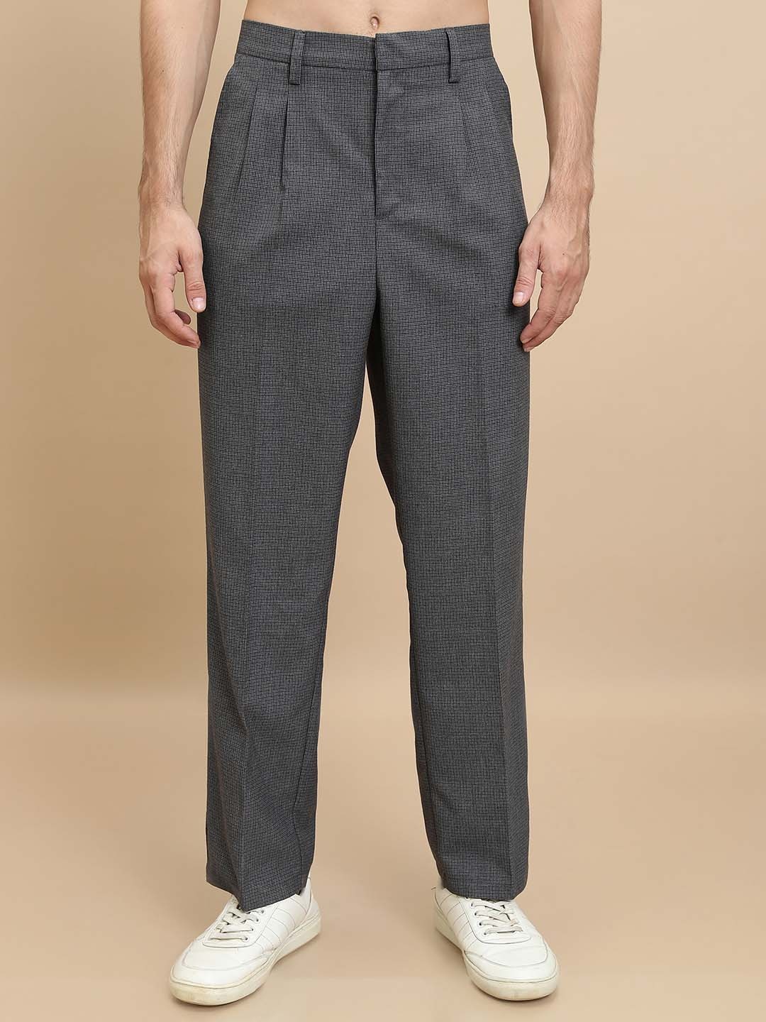 

HIGHLANDER Men Checked Regular Fit Formal Trousers, Grey