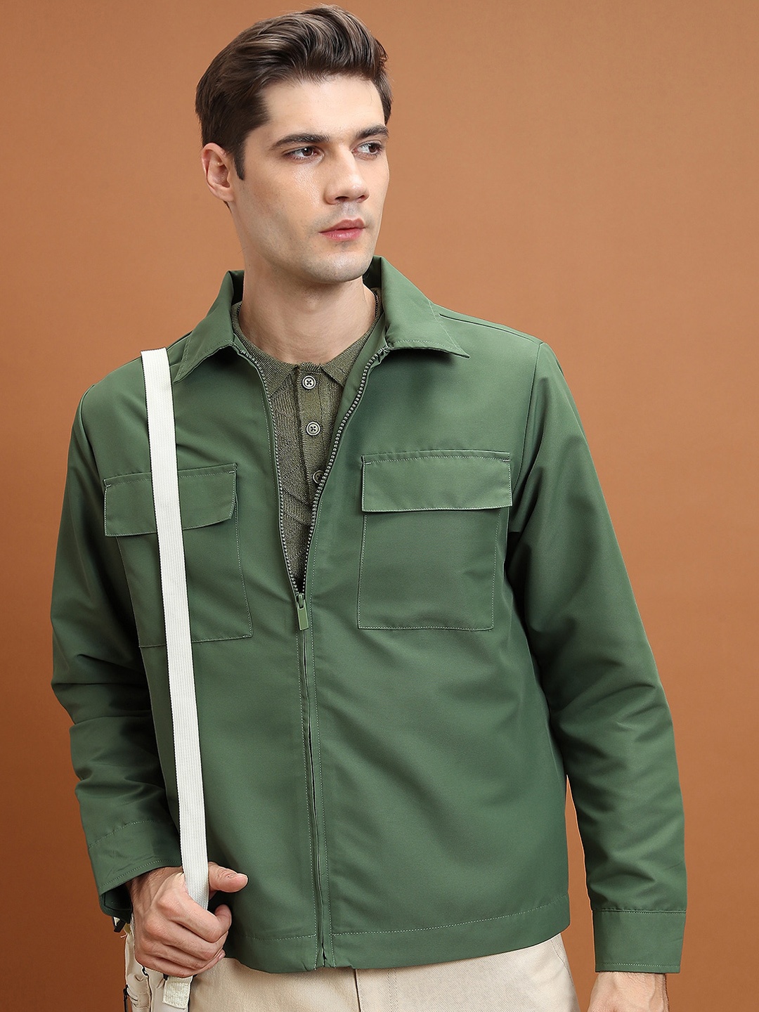 

HIGHLANDER Olive Green Spread Collar Bomber Jacket