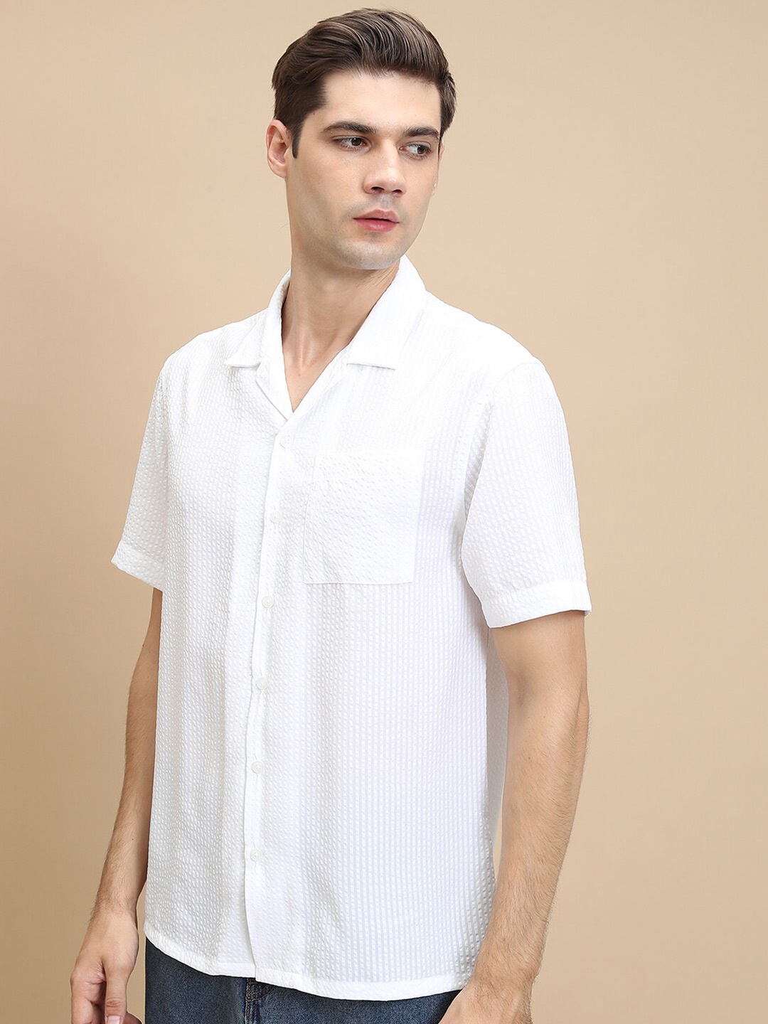 

HIGHLANDER White Textured Self Design Cuban Collar Casual Shirt