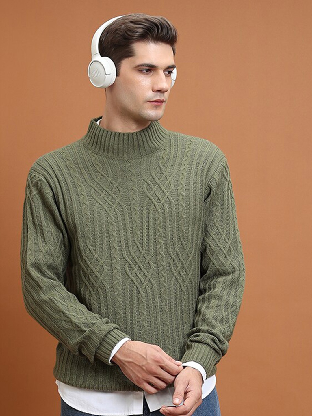 

HIGHLANDER Cable Knit Mock Collar Acrylic Pullover Sweater, Green