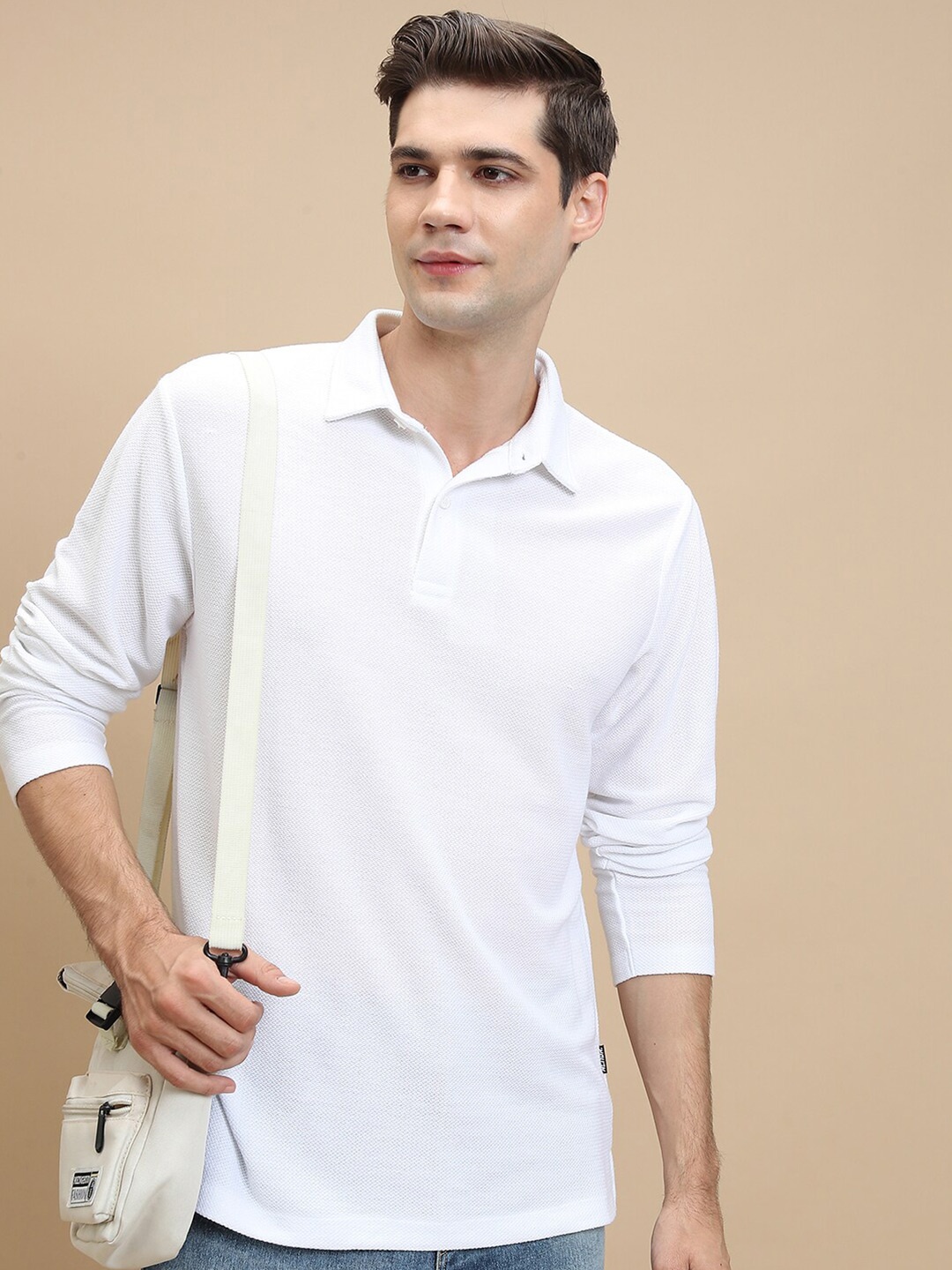 

HIGHLANDER Self Design Polo Collar Long Sleeves Popcorn Structured T-shirt, White